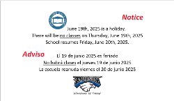 June 19th No School - No habra clases el 19 de junio